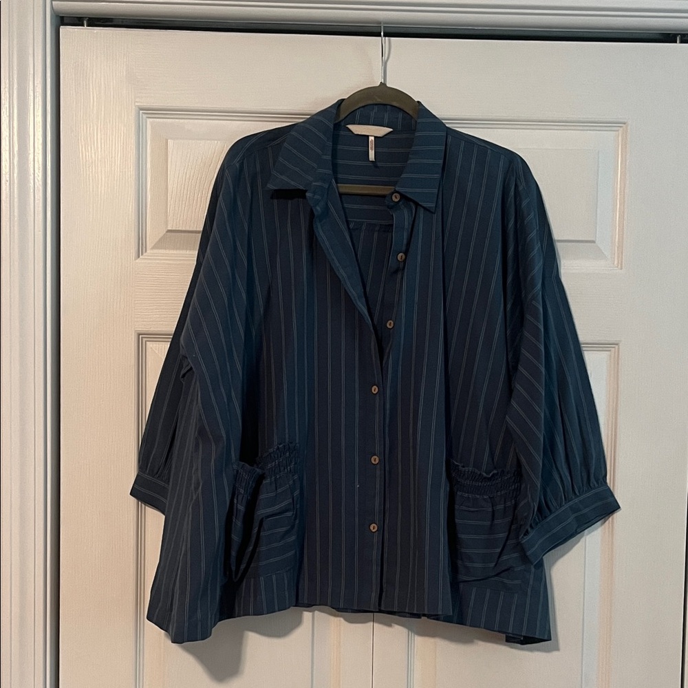 Free People Navy Striped Button-Down Shirt